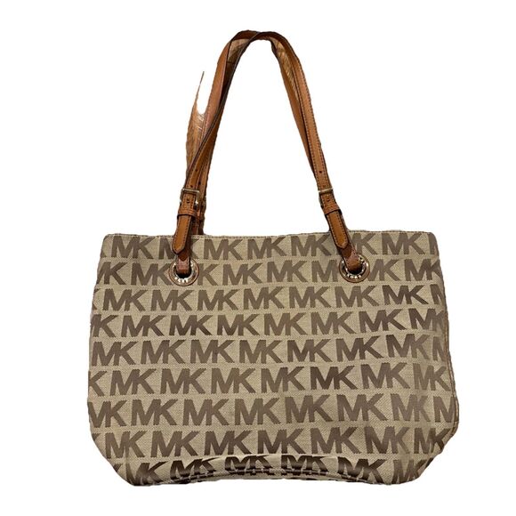 Michael Kors Signature Monogram Tote Handbag Satchel Shoulder Bag Light Brown - Picture 2 of 9